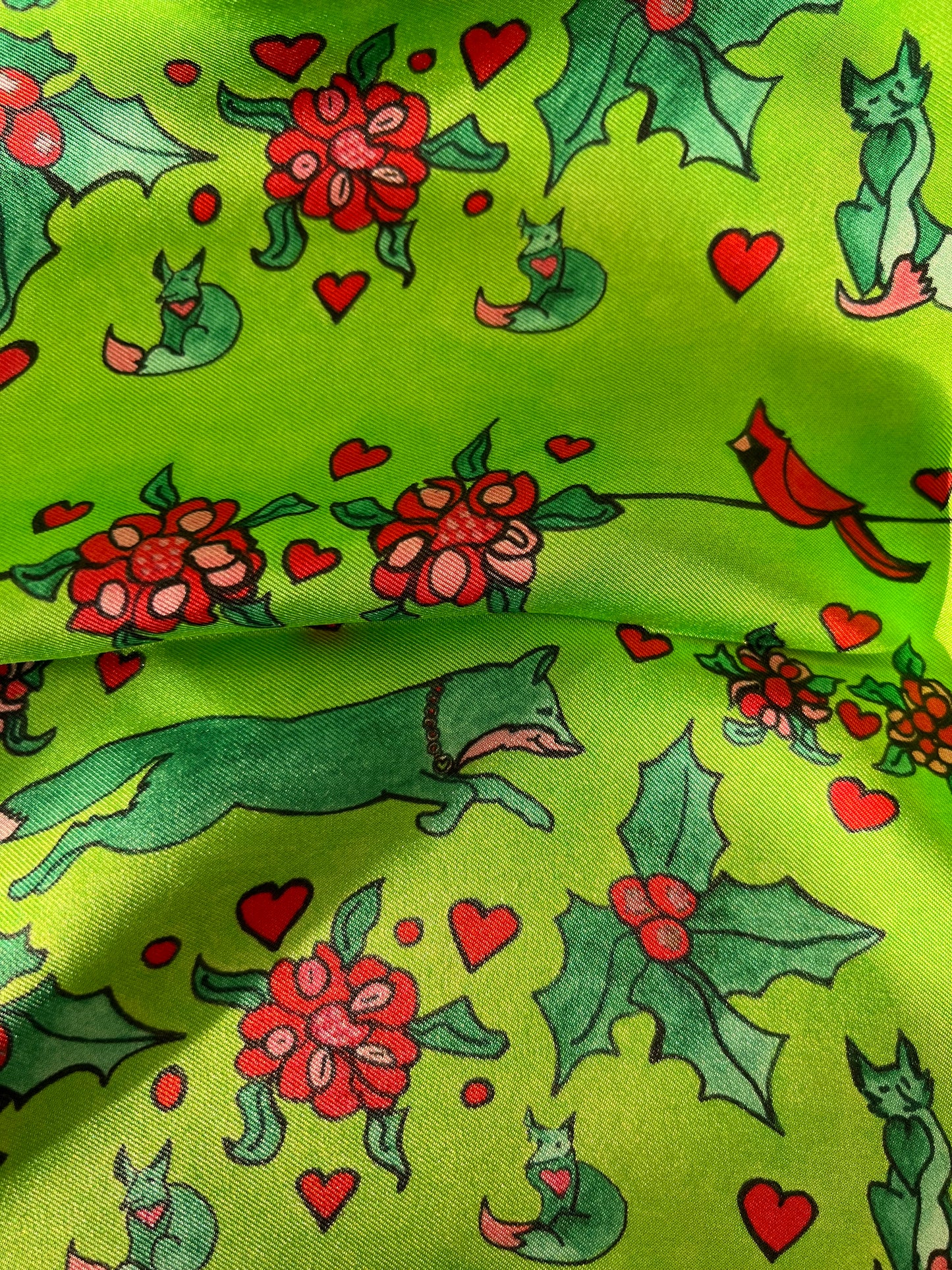 XCustom Limited Edition 20 x 20 inch square 100% Silk Twill Fox + Cardinal's Holly Day