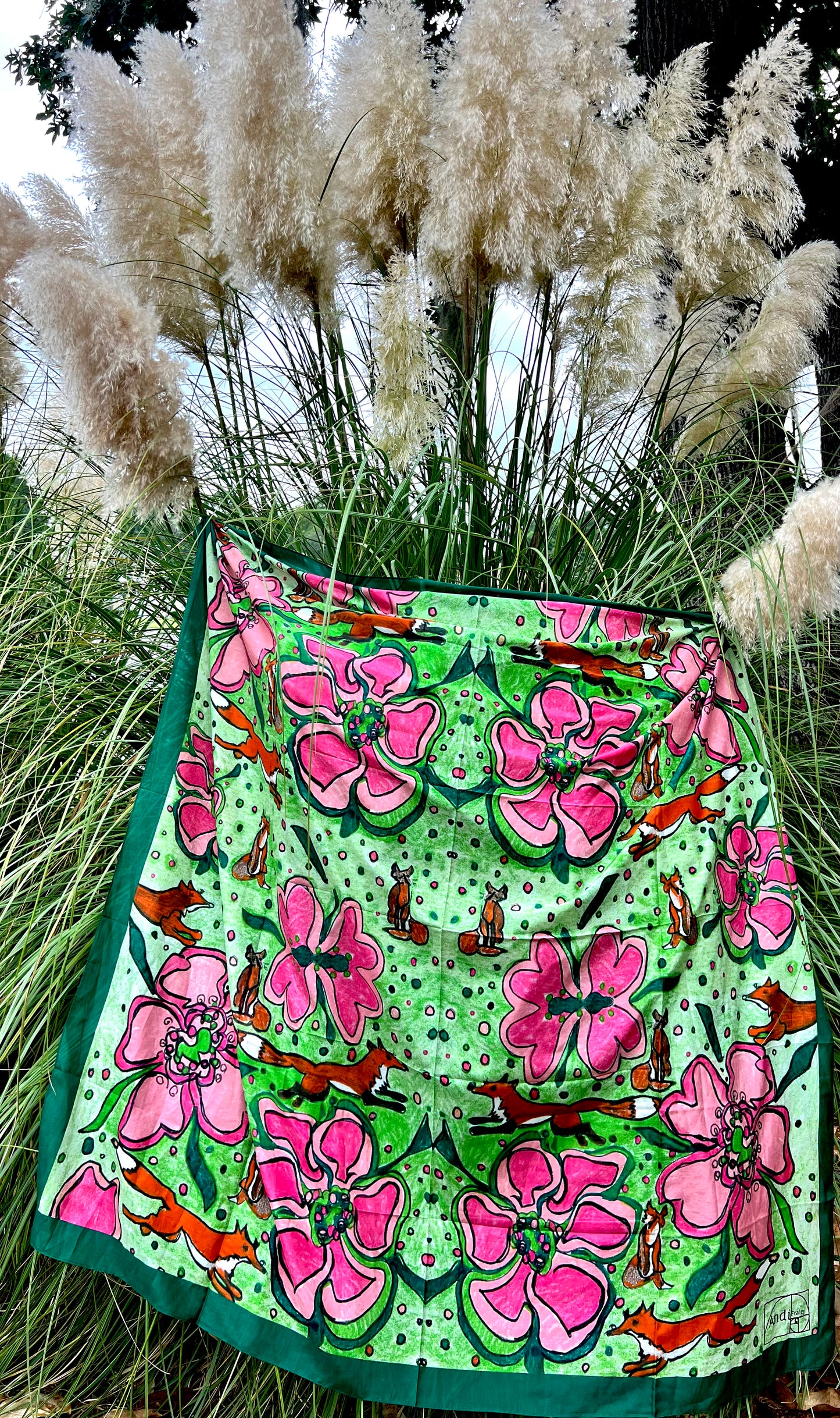 53 x 53 inch square 70% Cotton 30% Silk Fox in Pink and Green