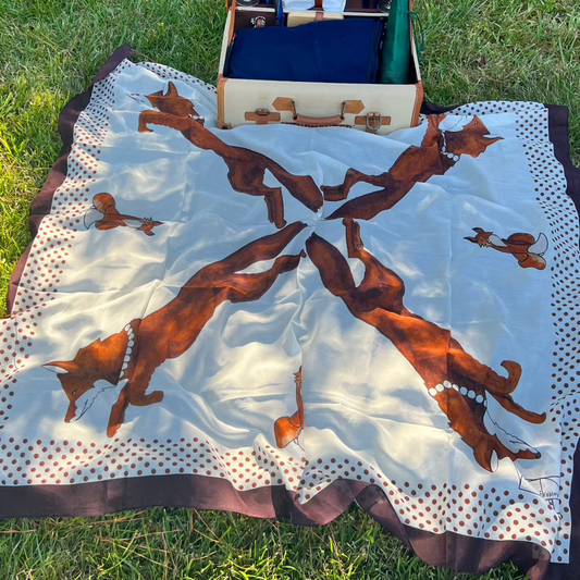 53 x 53 inch square 70% Cotton 30% Silk Racing Fox with Pearls