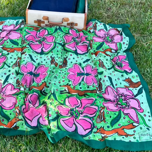 53 x 53 inch square 70% Cotton 30% Silk Fox in Pink and Green