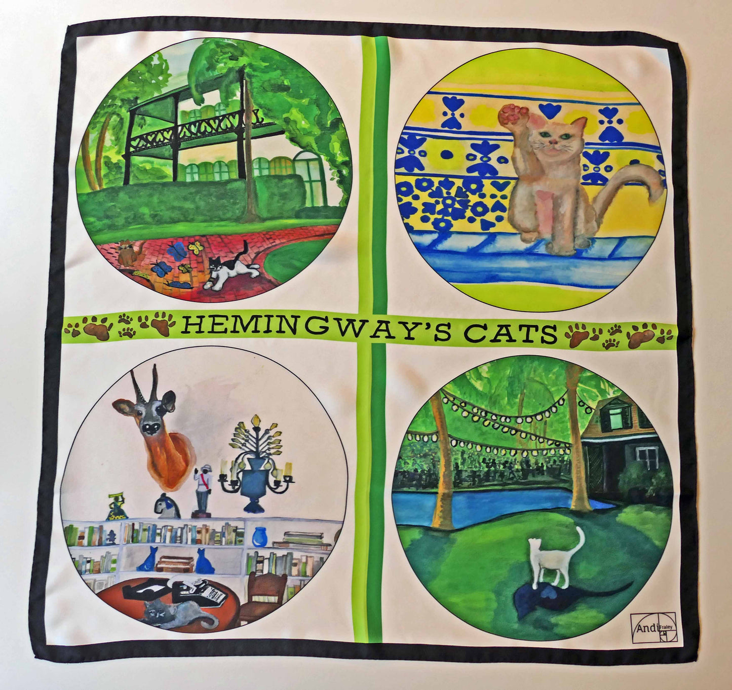 35 x 35 inch square 100% Silk Twill Hemingway Polydactyl Cats