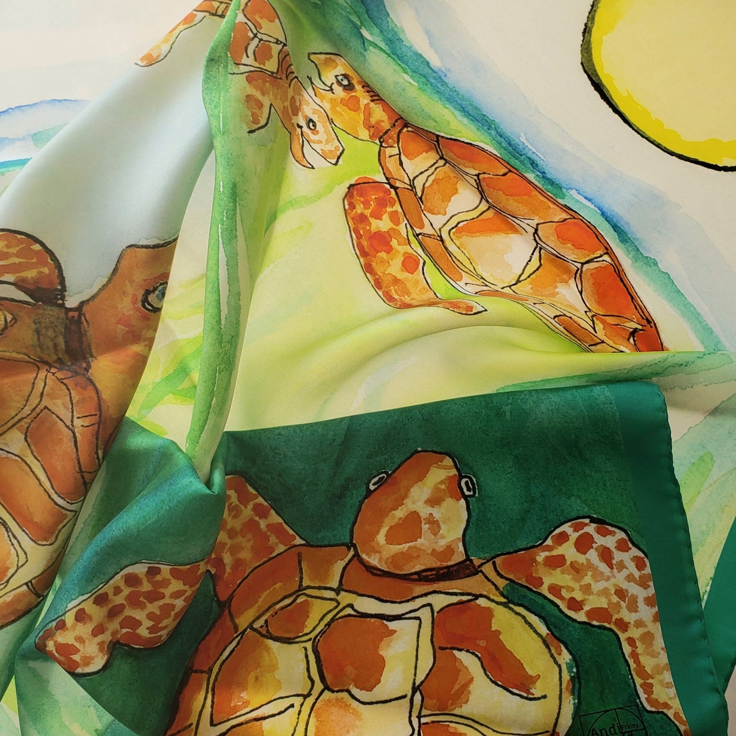 35 x 35 inch square 100% Silk Twill Frolicking Sea Turtles