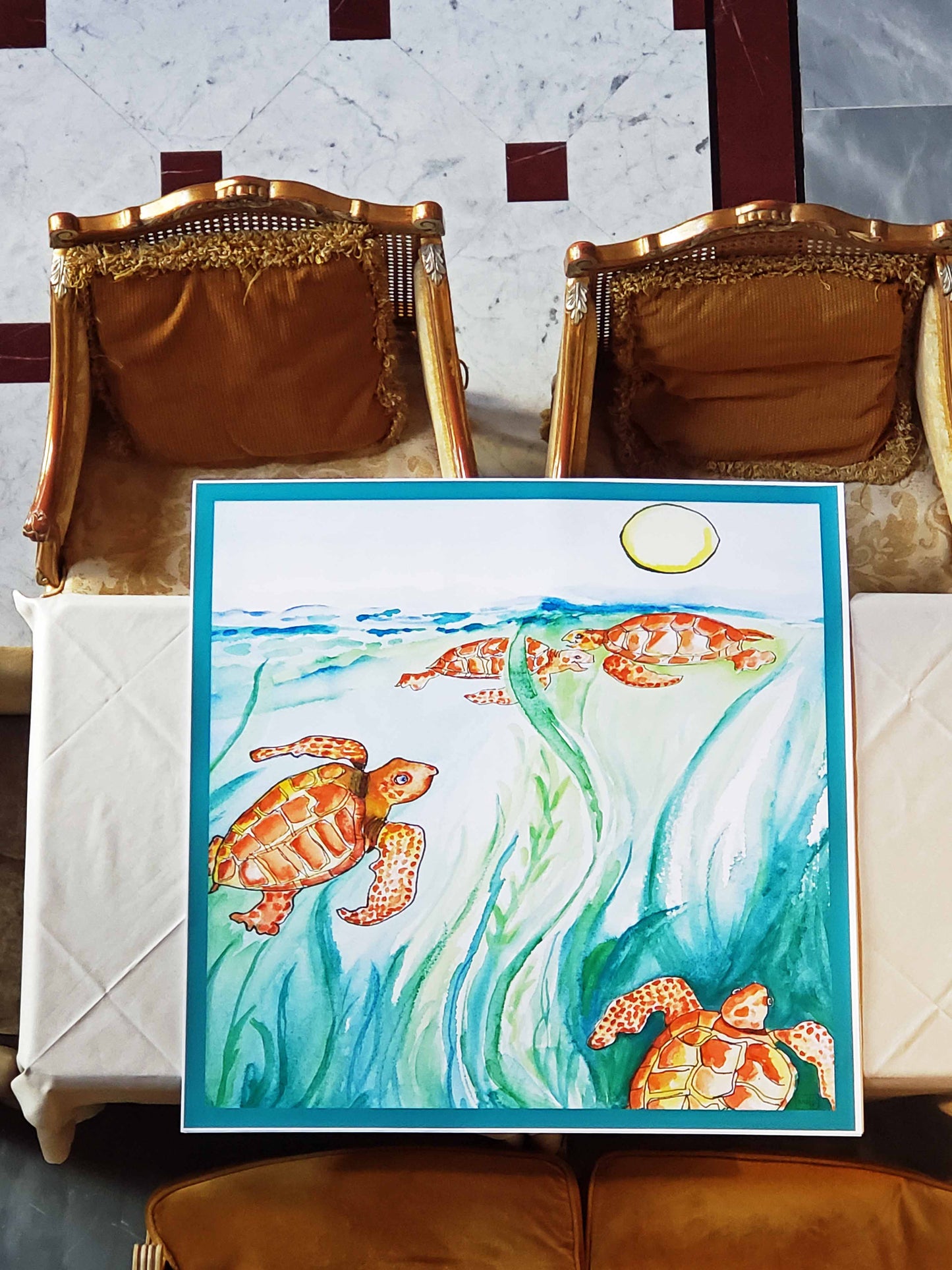 35 x 35 inch square 100% Silk Twill Frolicking Sea Turtles