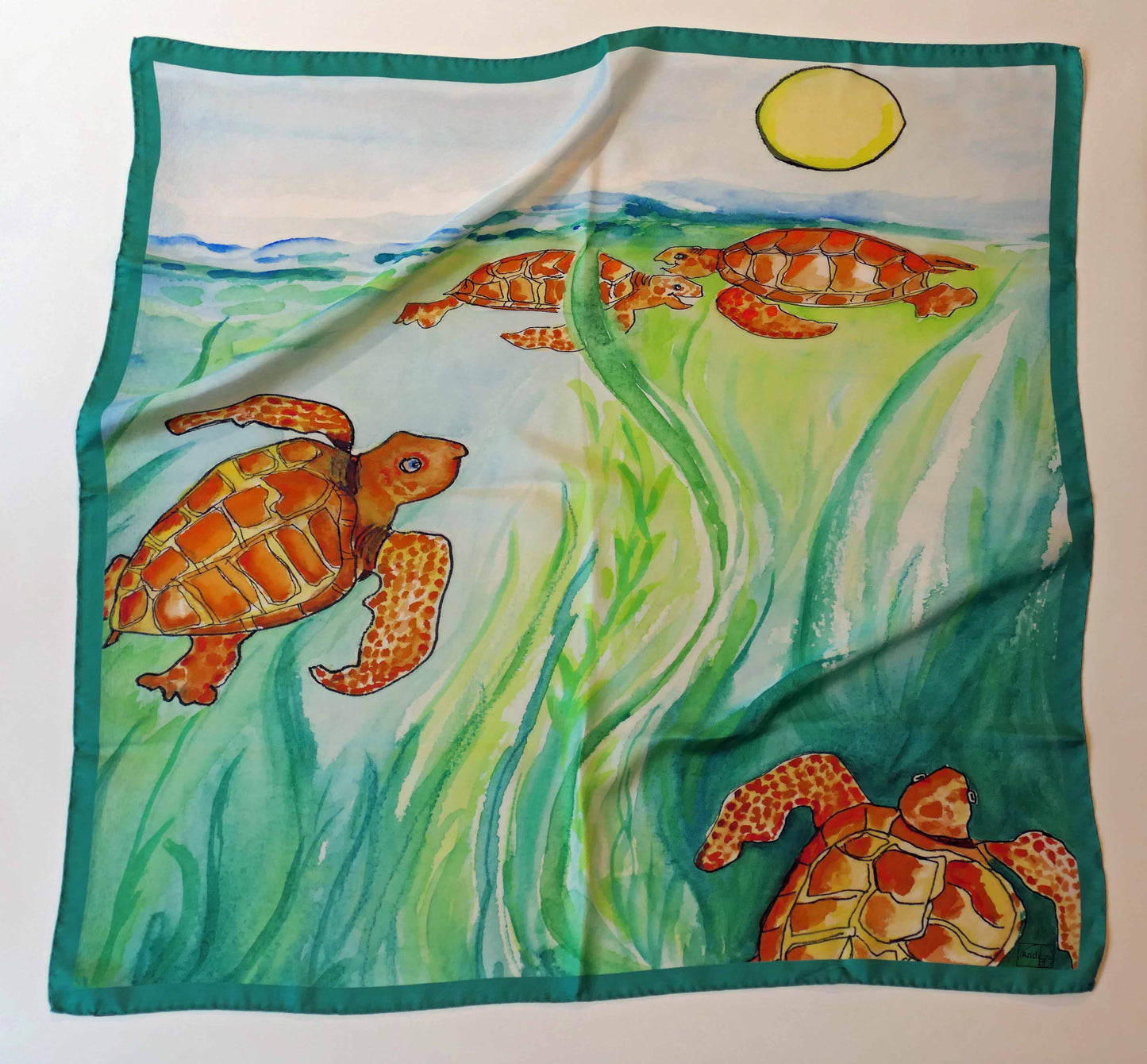 35 x 35 inch square 100% Silk Twill Frolicking Sea Turtles