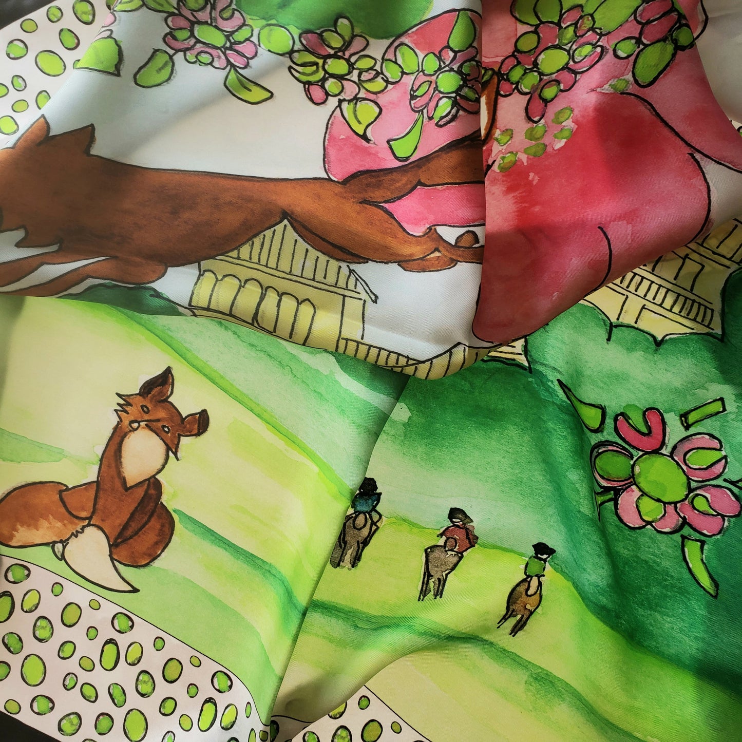 35 x 35 inch square 100% Silk Twill Fox Leaping