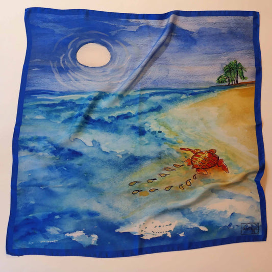 35 x 35 inch square 100% Silk Twill Sea Turtle to the Shore