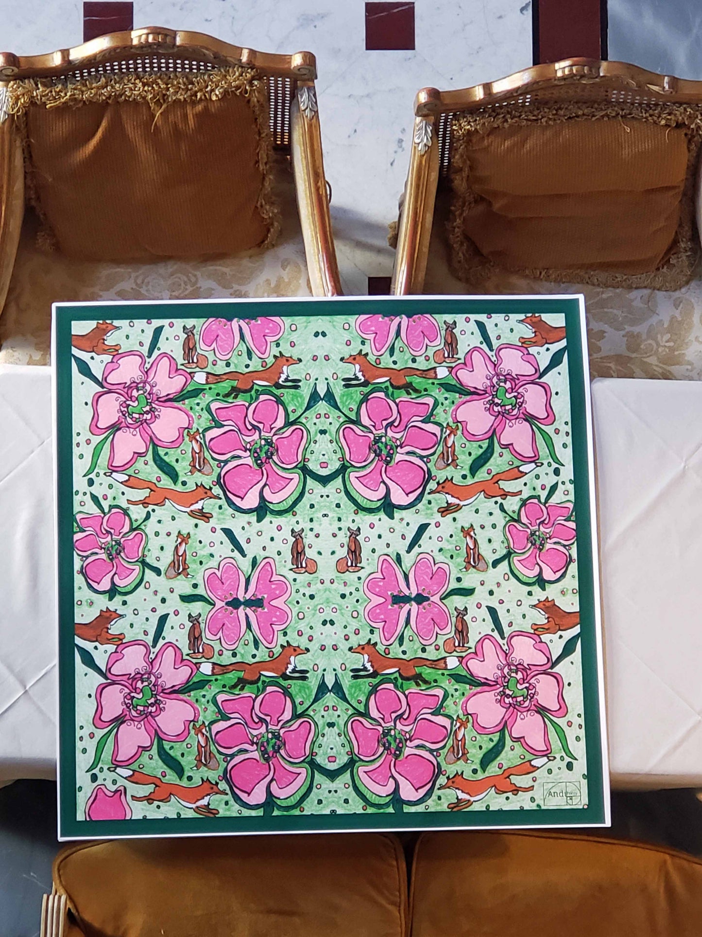 35 x 35 inch square 100% Silk Twill  Fox in Pink and Green