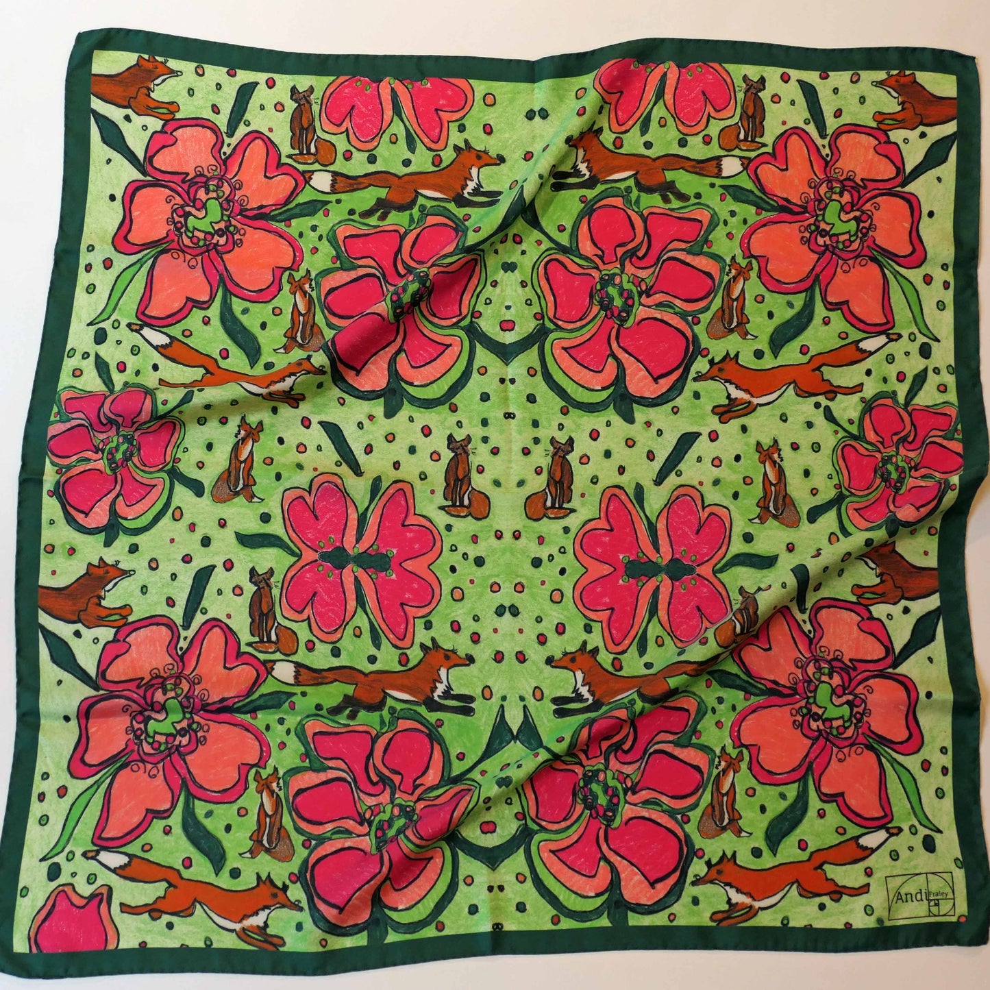 35 x 35 inch square 100% Silk Twill  Fox in Pink and Green