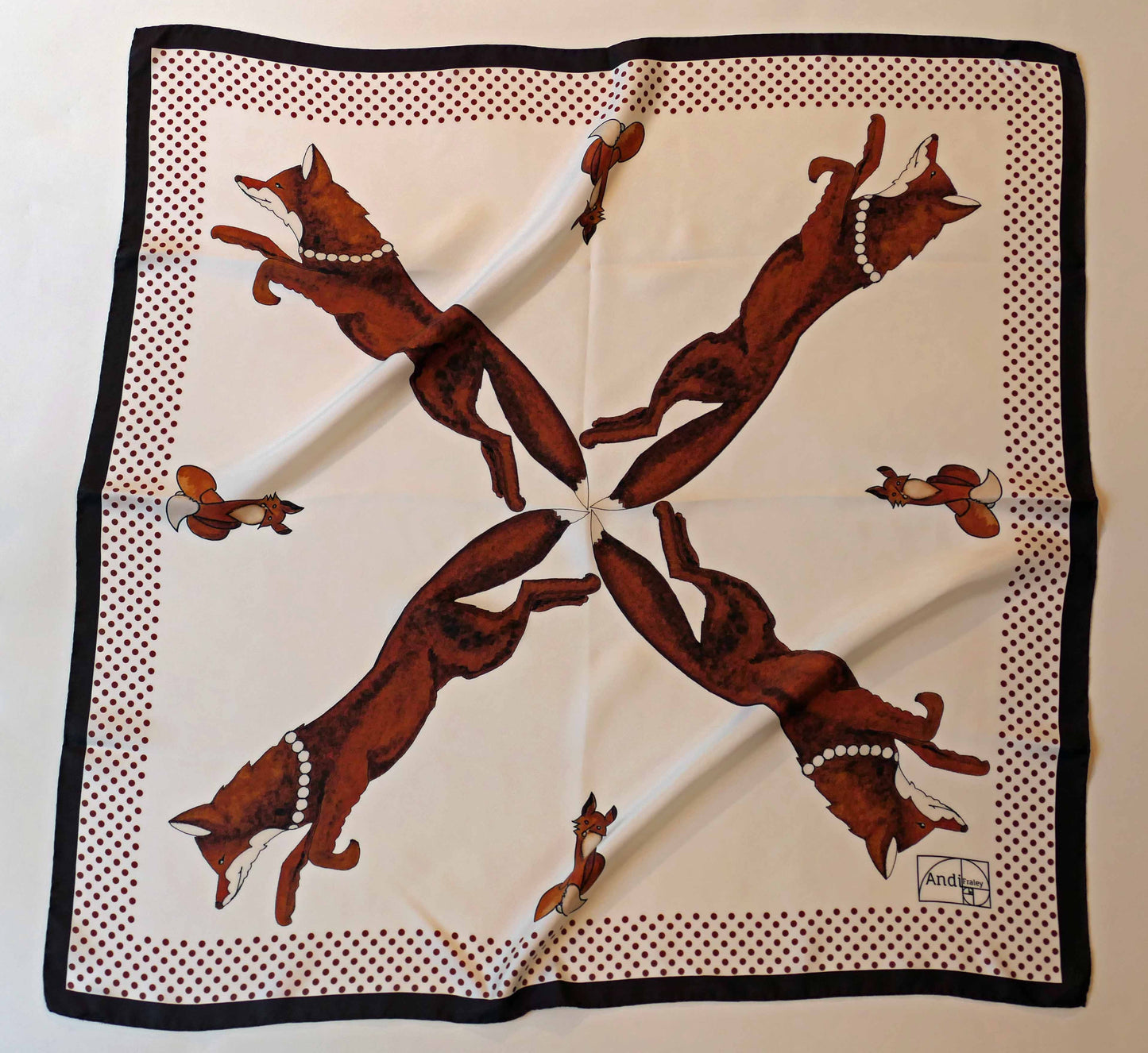 35 x 35 inch square 100% Silk Twill Racing Fox with Pearls